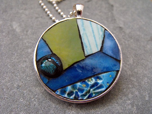 mosaic pendant necklace bold blue teal lime green