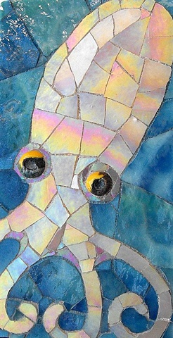 stained glass mosaic of a small white octopus
