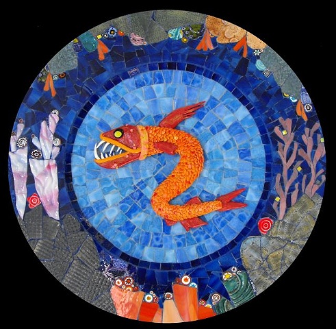 mosaic of a coral reef and a deep sea Viper fish made of polymer clay