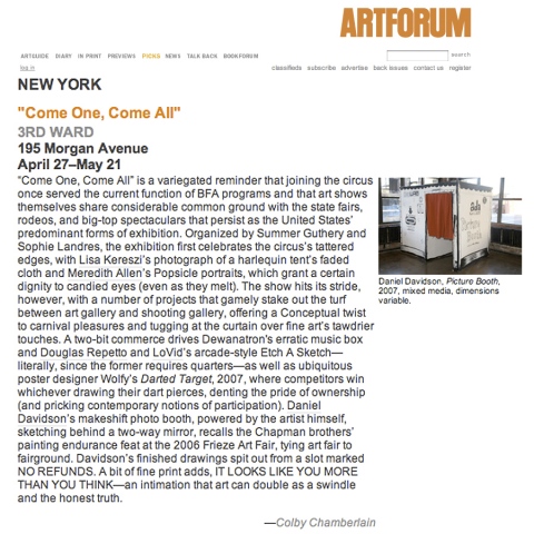 Colby Chamberlain, "Come One, Come All" 3rd Ward , Brooklyn, Artforum online, May 11, 2007