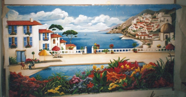 A landscape mural of Positano Italy by Tara Benet 