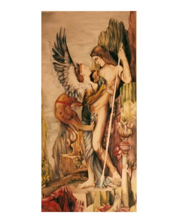 A color pencil drawing of Oedipus and the Sphinx by Tara Benet