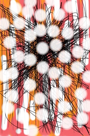 White Cosmos over Black Splatter on Orange/Pink Field