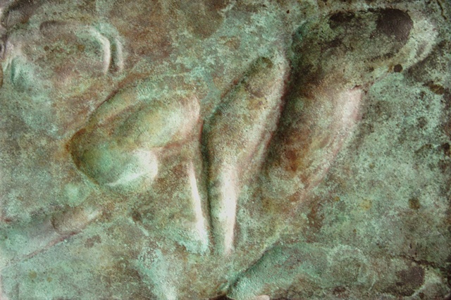 Hammered copper, patina, small copper sculpture; green patina