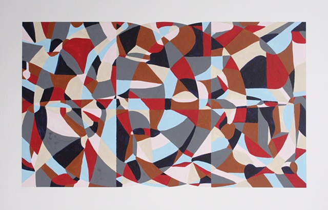optical art strong color dynamic design; optical art; high contrast color theory; spatial art theory; red, blue, gray, pink, painting.