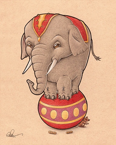 Circus Elephant Drawing Ink Colored Pencil