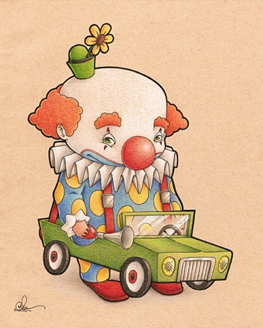 Clown Car Drawing Ink Colored Pencil