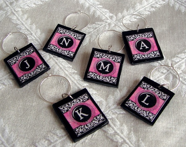 PINK and Black Monogram Wine Charms