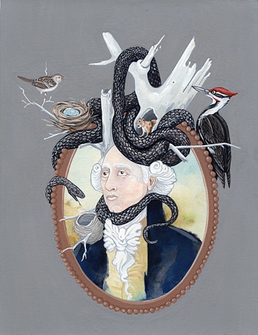Snake, sparrow, wood pecker, big wig, colonial, portrait, justin richel 