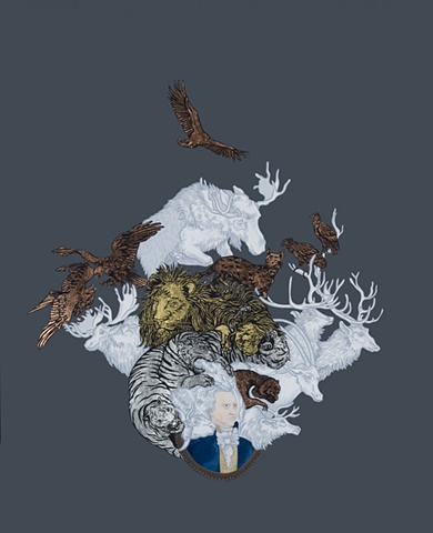 Animals, lion, tiger, buzzard, moose, elk, deer, wolverine, wig, big wig, art, gouache, gold, justin richel