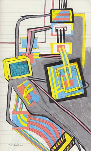 Screens, pink, blue and yellow