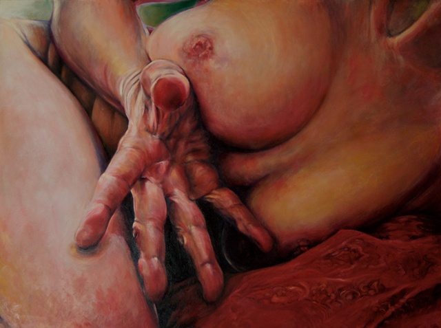 Lying on side with reaching hand