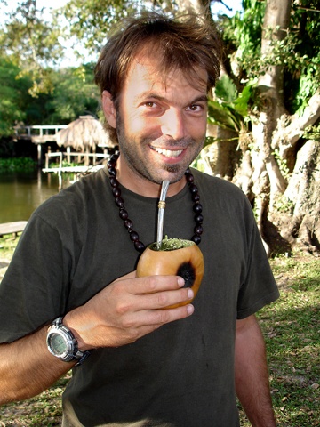 Videographer Maurice pauses for a caipirinha in Brazil's Pantanal