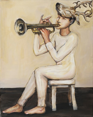 man with trumpet, trumpet, deer, mask, music, love