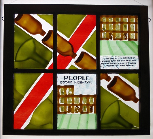 recycled bottle glass, windshield crumbs, red glass, political statements, in old sash