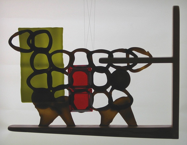 gate, recycled bottle glass, two red ashtrays.