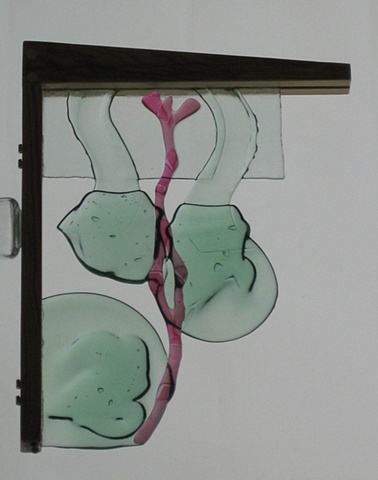 gate, recycled bottle glass, pink glass scraps.