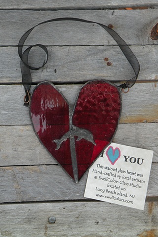 Red Stained Glass Heart With Dolphin Adornment