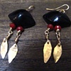 Black Agate Earrings with Red Chinese Glass Beads and Hammered Brass Tassels