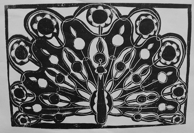 Peacock with Black Flowers
